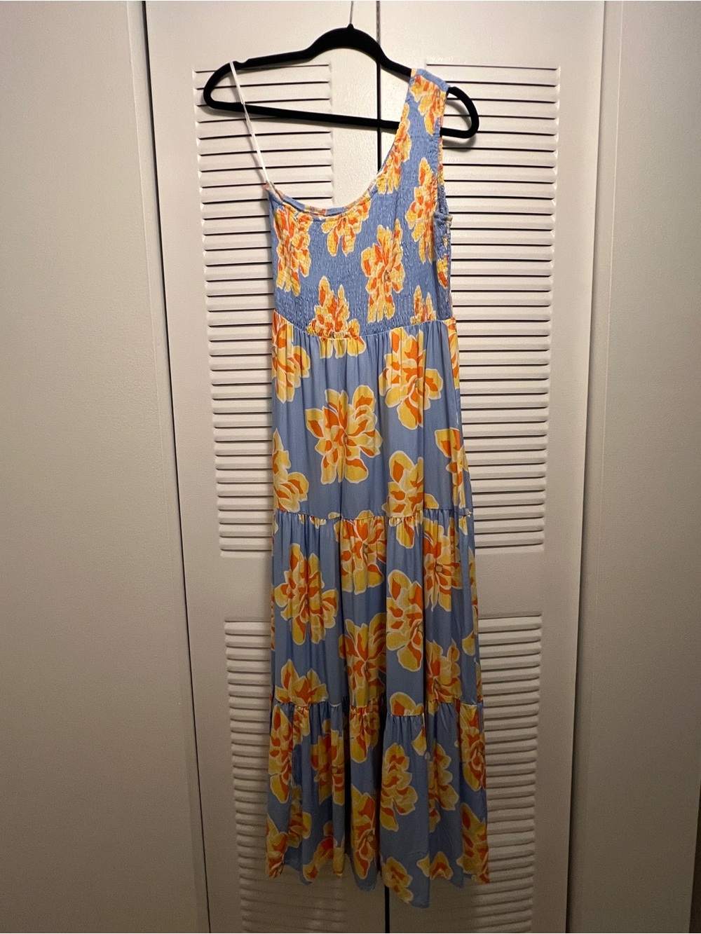 Blue One-Shoulder Maxi Dress with Yellow Floral Print